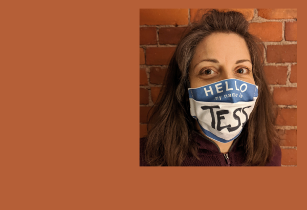 Tess Poe Wearing Blue and White Hello My Name Is Tess Face Mask